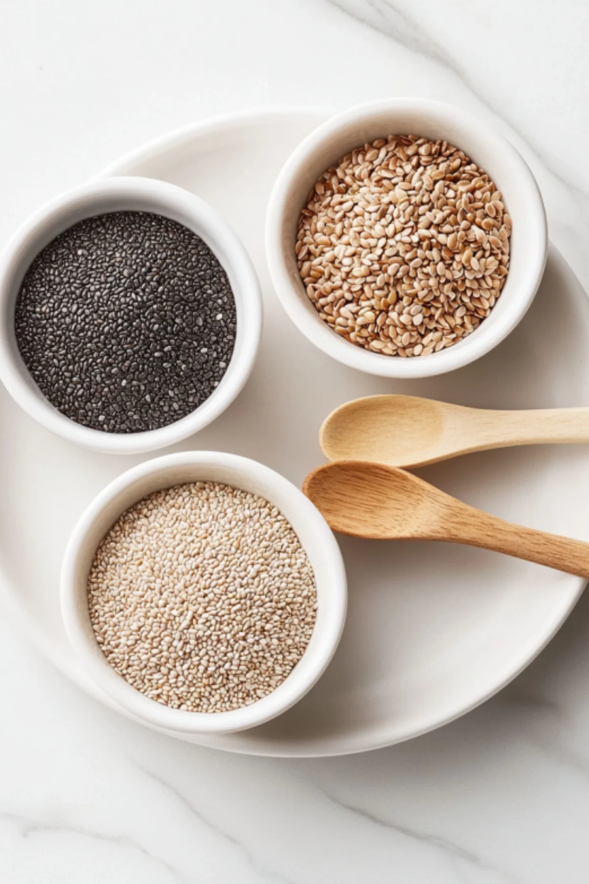 Three superfood seeds for smoothies - chia seeds, flax seeds, and hemp hearts in white bowls with wooden spoons on marble countertop