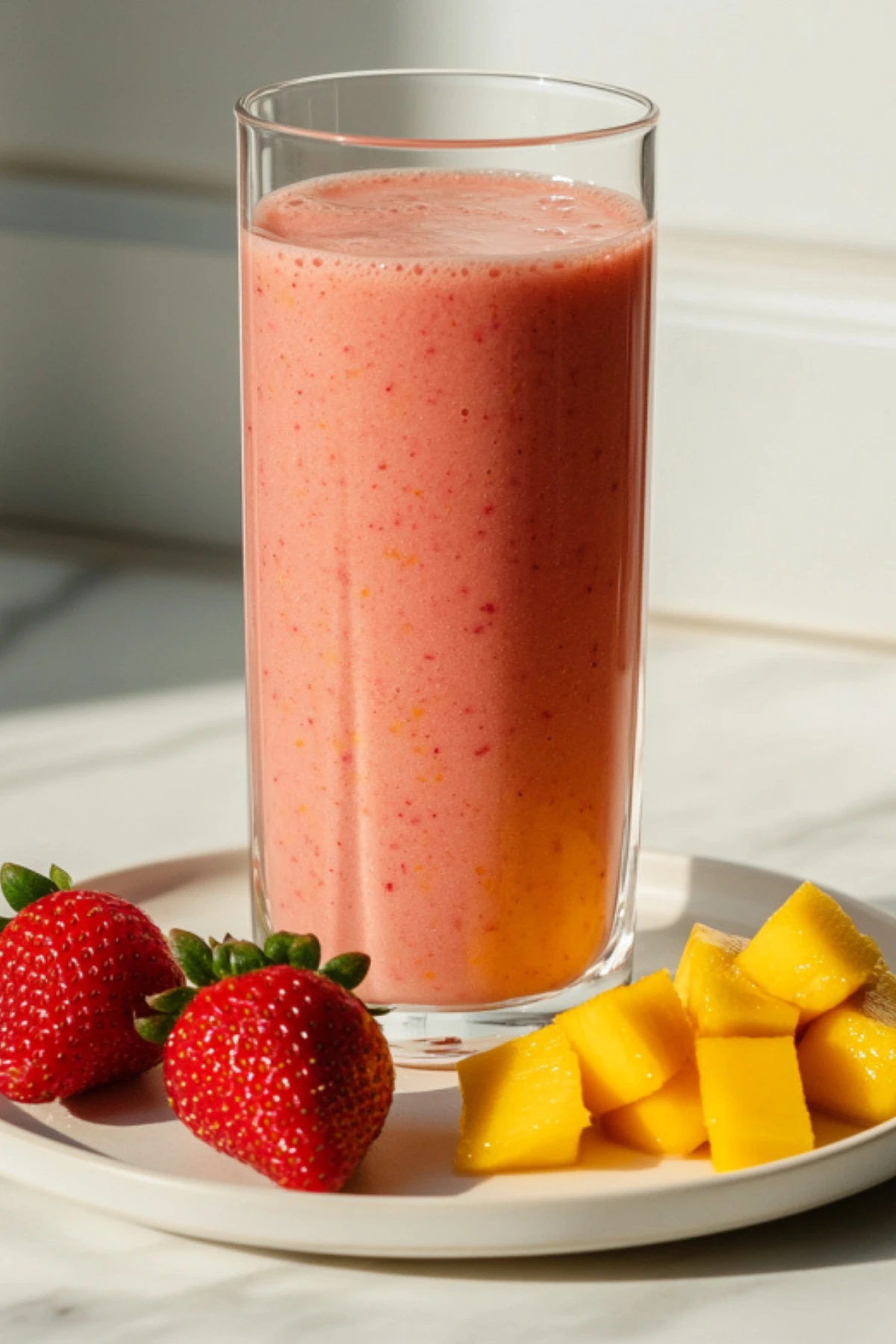 Strawberry mango smoothie nutrition facts - healthy pink orange smoothie with fresh fruit ingredients showing 140 calories high vitamin C