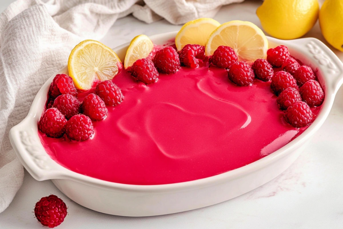 Vibrant raspberry tiramisu topped with fresh raspberries and lemon slices in a white serving dish.