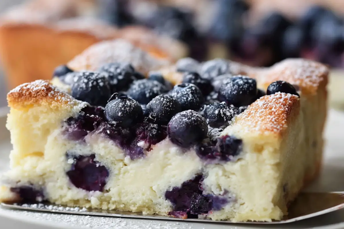 Close-up of a fluffy blueberry cottage cheese breakfast bake slice topped with fresh blueberries and powdered sugar