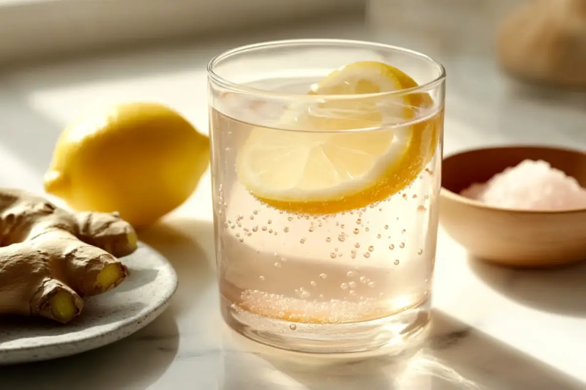 Featured image of pink salt weight loss drink in a clear glass with sliced lemon and a honey jar on a bright kitchen counter