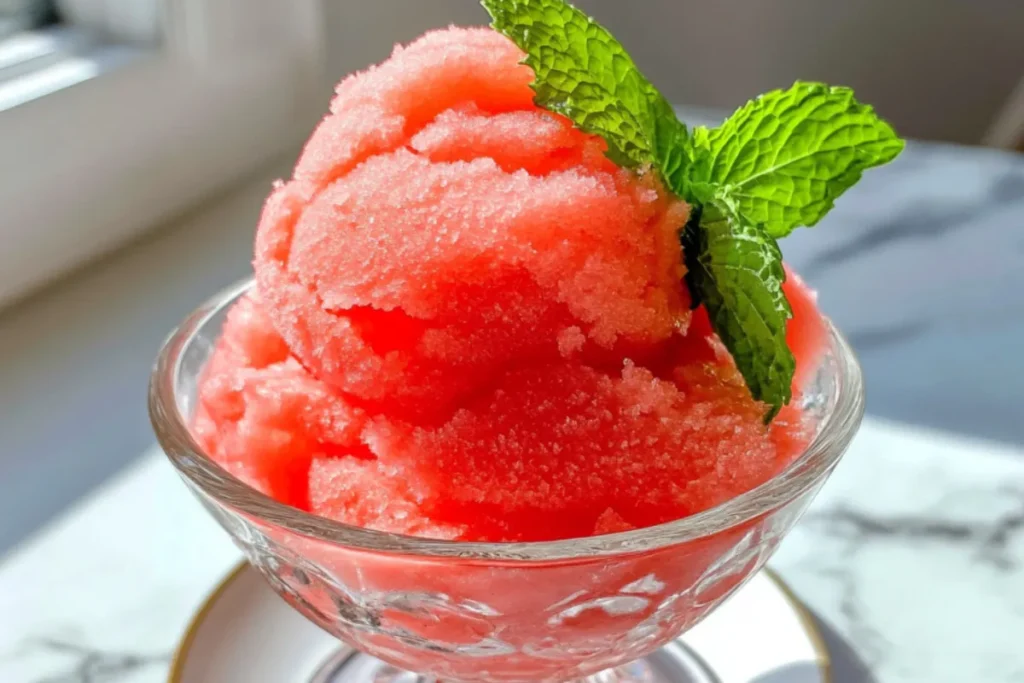 Easy Watermelon Sorbet with Mint Garnish Served in Crystal Bowl on Marble Countertop