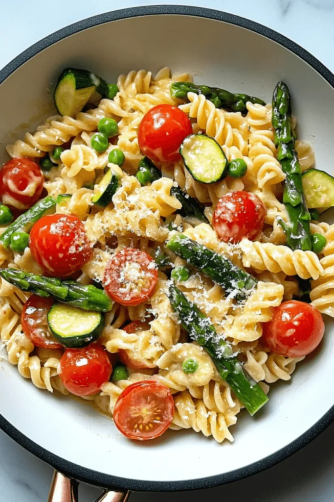 Gluten-free fusilli pasta with cherry tomatoes, asparagus, zucchini, peas, and grated Parmesan cheese in a white skillet