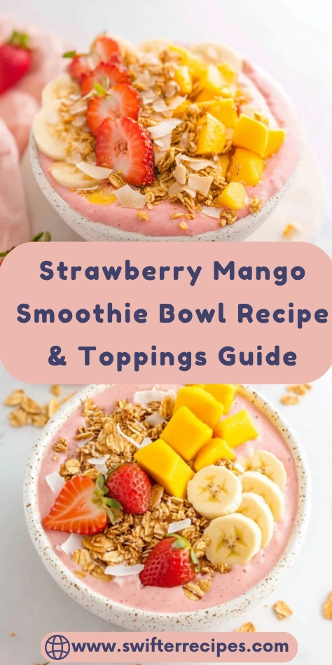 Pinterest pin showing two Strawberry Mango Smoothie Bowl variations with different topping arrangements - banana slices, mango chunks, strawberries, granola and coconut flakes