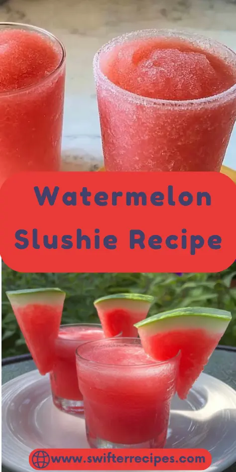 Watermelon slushie recipe Pinterest pin with two glasses and watermelon wedge garnishes