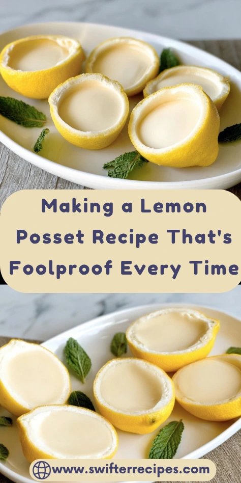 Pinterest pin showing lemon posset desserts served in hollowed lemon shells with text overlay "Making a Lemon Posset Recipe That's Foolproof Every Time"
