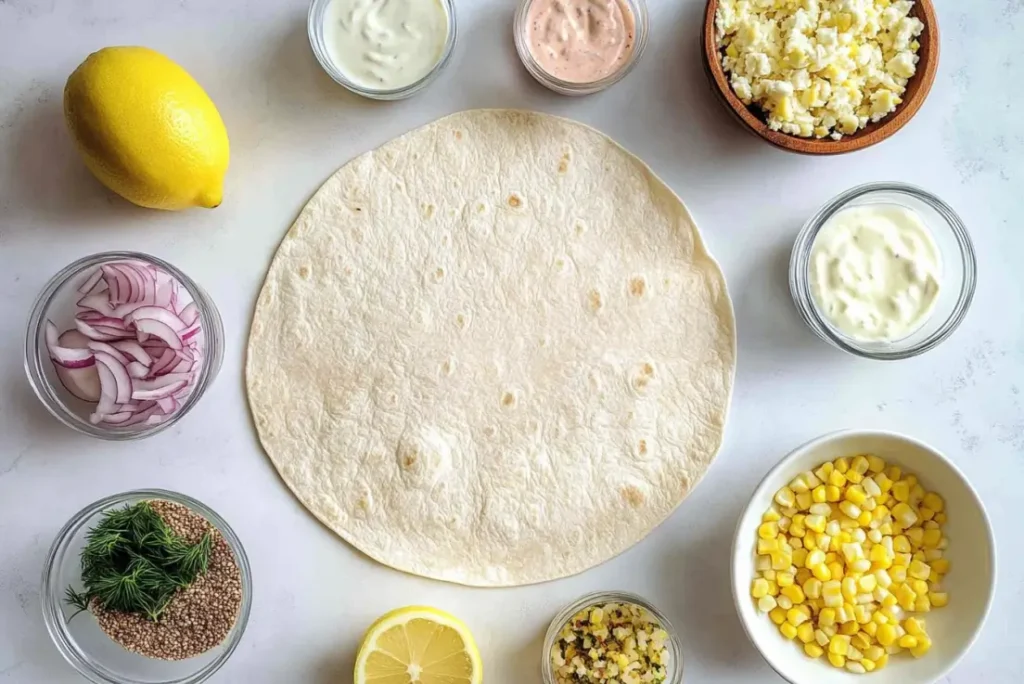Overhead shot of tuna melt wrap ingredients: canned skipjack tuna, Greek yogurt, Dijon mustard, fresh lemon, corn kernels, diced red onion, garlic powder and black pepper in ceramic mixing bowl with wooden spoon. Marble countertop styling.