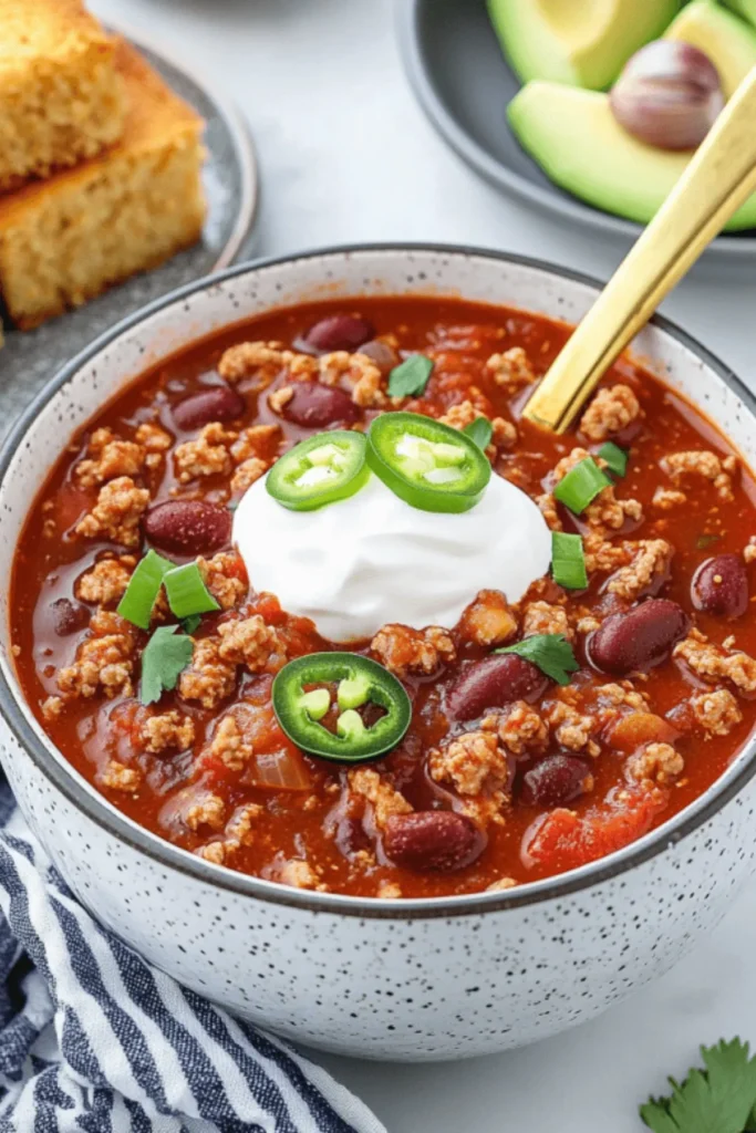 Bowl of turkey chili with kidney beans, ground turkey, sour cream, sliced jalapeños, and green onions with cornbread and avocado on the side
