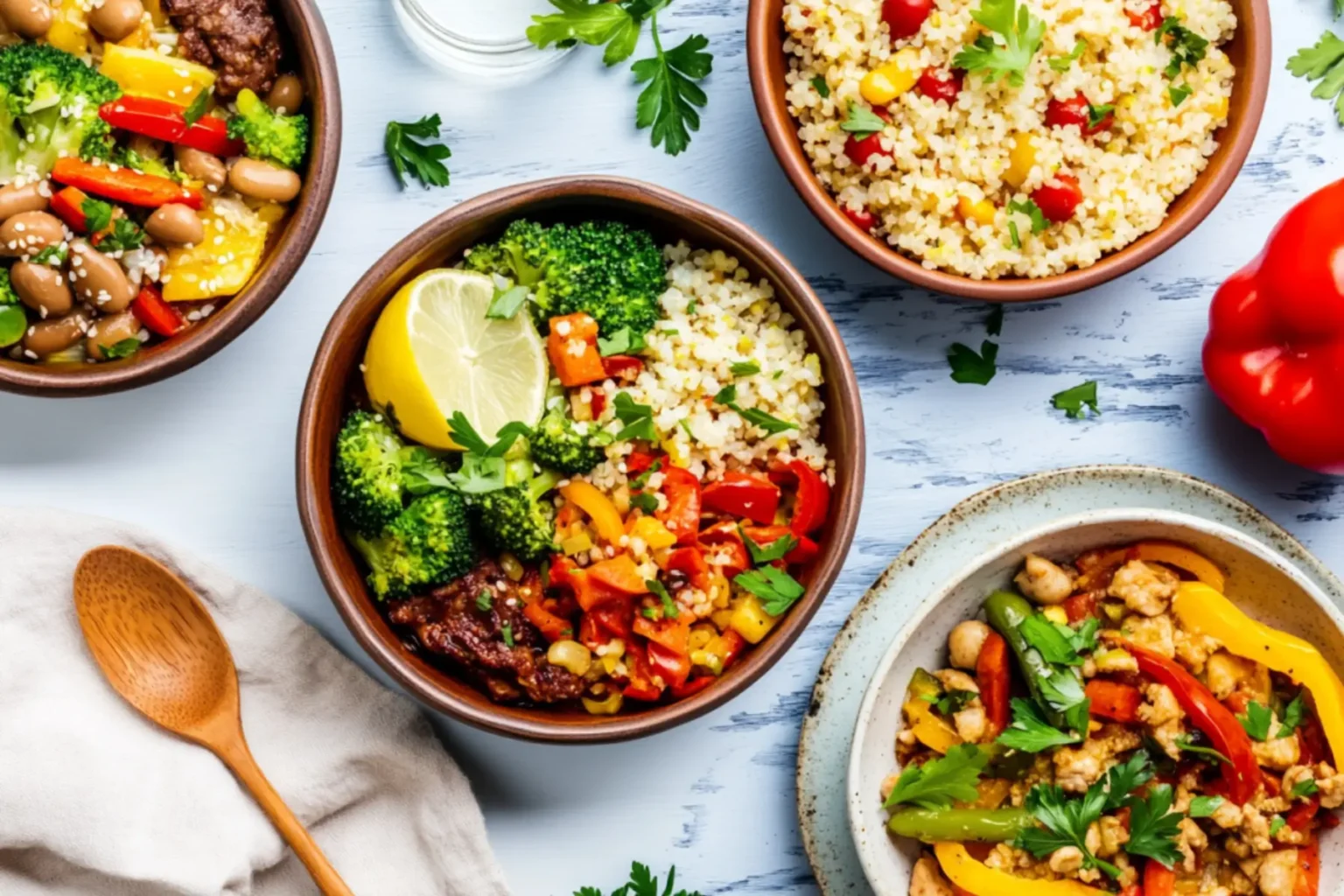 Colorful gluten-free dinner bowls with quinoa, roasted vegetables, chickpeas, and fresh herbs arranged on a marble surface