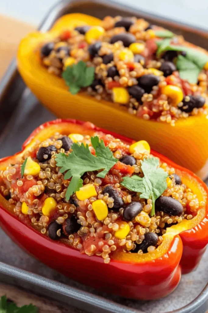 Red and yellow bell peppers stuffed with quinoa, black beans, corn, and fresh cilantro in a baking dish