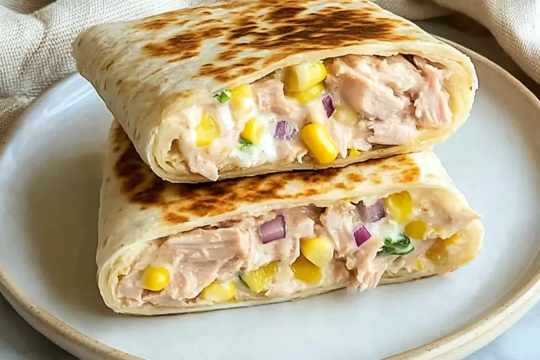 Overhead shot of sliced Healthy Tuna Melt Wrap oozing melted mozzarella, packed with flaked tuna, corn and red onions in crispy whole-grain tortilla. 10-minute high-protein lunch recipe by Swifter Recipes.