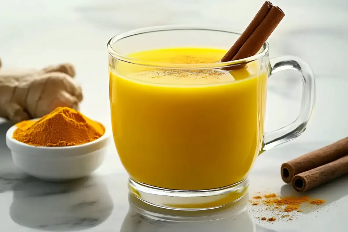 A warm cup of Natural Mounjaro drink featuring turmeric, cinnamon sticks, and a sprinkle of ginger powder, perfect for health and wellness.