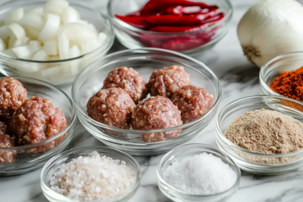 Raw ground venison, garlic, herbs, and spices arranged on a kitchen counter for making sausage patties