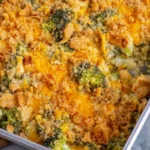 Golden baked broccoli casserole with melted cheddar cheese and crispy cracker topping in rectangular baking dish