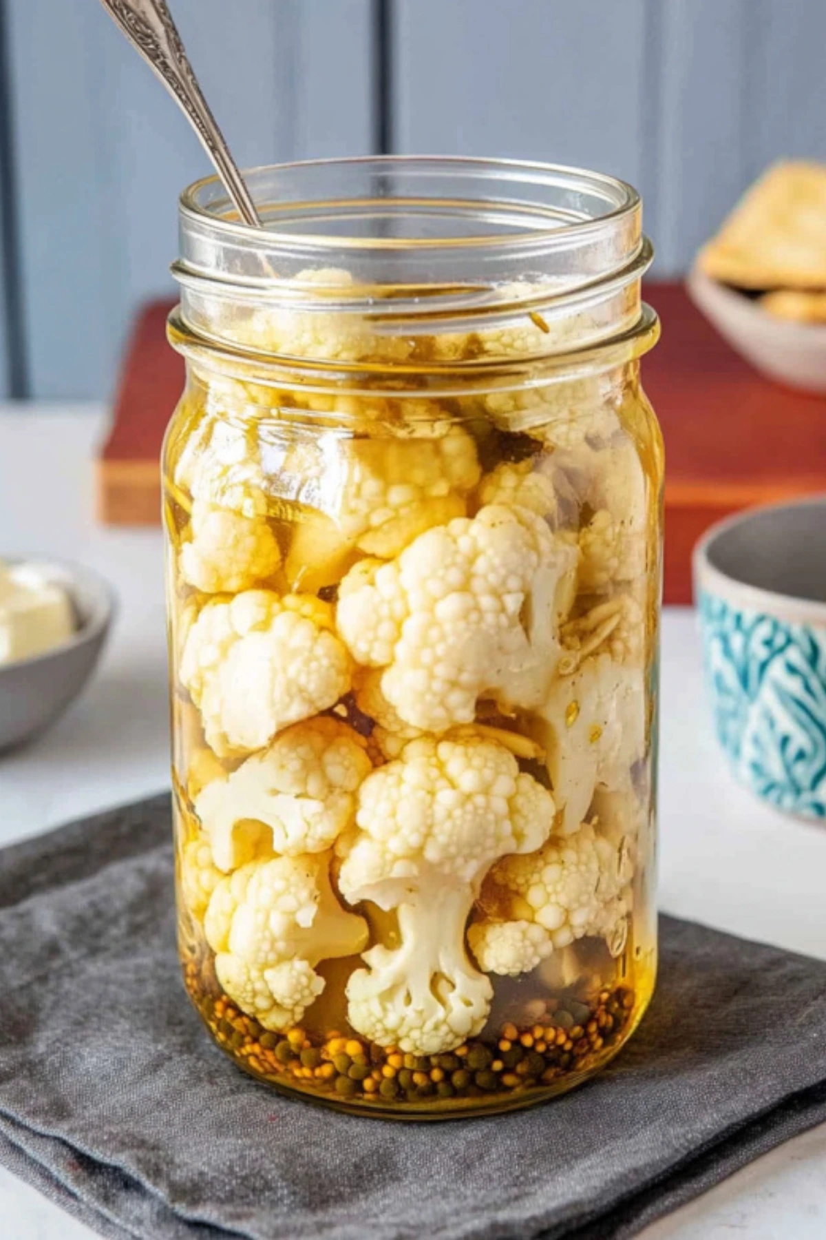 Large mason jar filled with pickled cauliflower florets in golden turmeric brine with whole spices and metal spoon