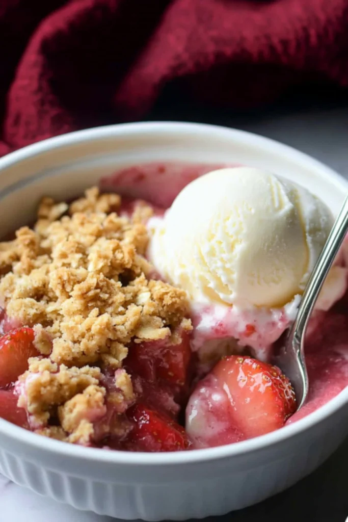 Serving of strawberry rhubarb crumble with a scoop of vanilla ice cream in a small white bowl.