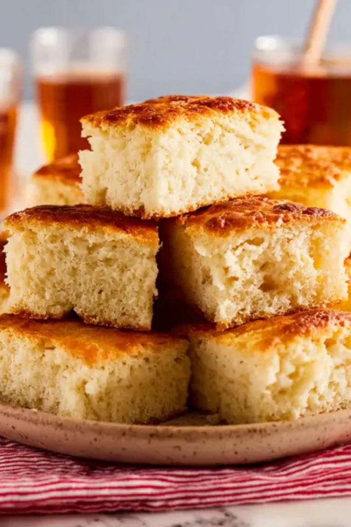 Stacked butter swim biscuits with a golden crust, showing the soft and fluffy inside.