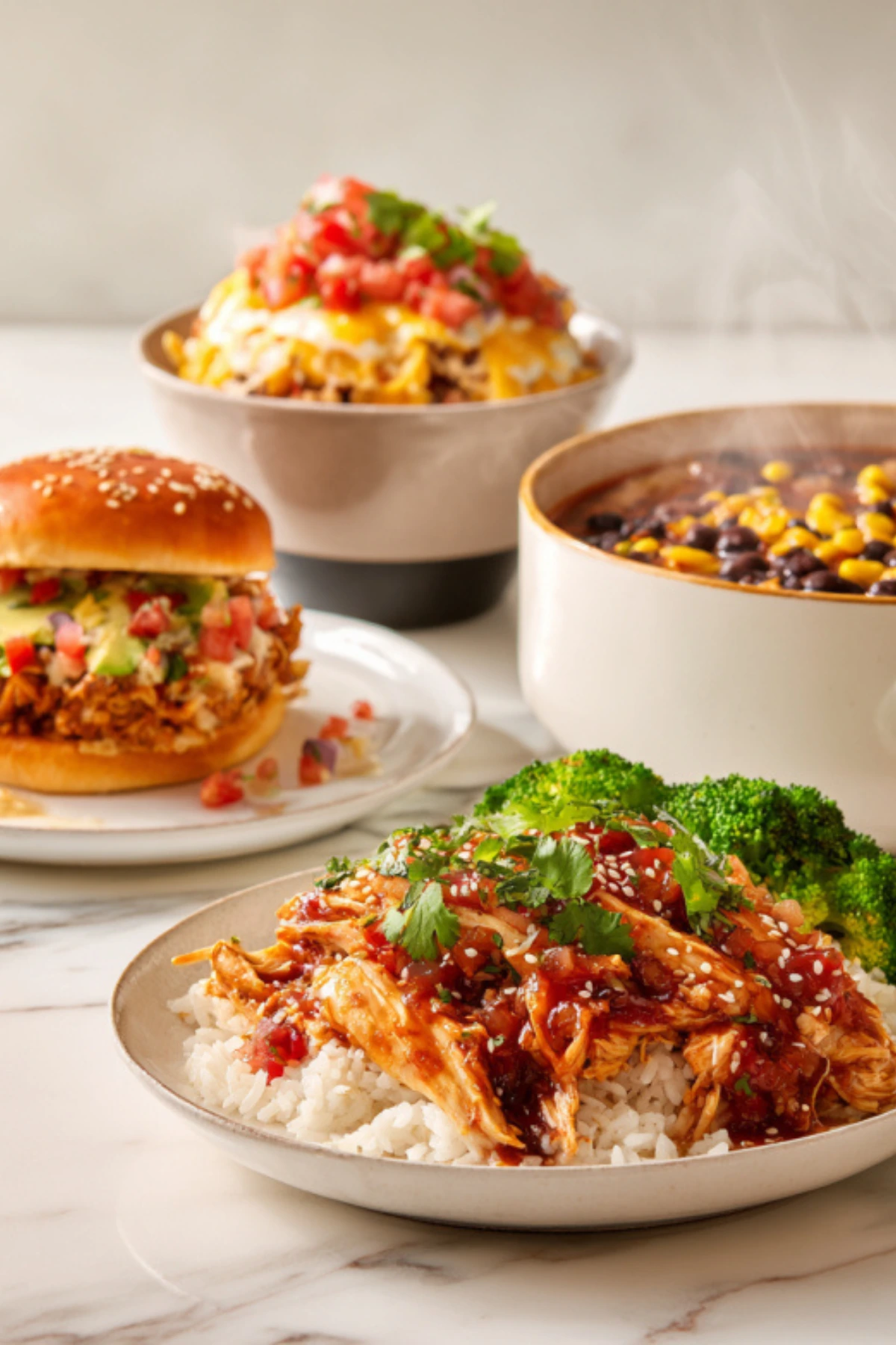 Healthy crockpot meals including shredded chicken rice bowl, black bean soup, and loaded burger with fresh vegetables