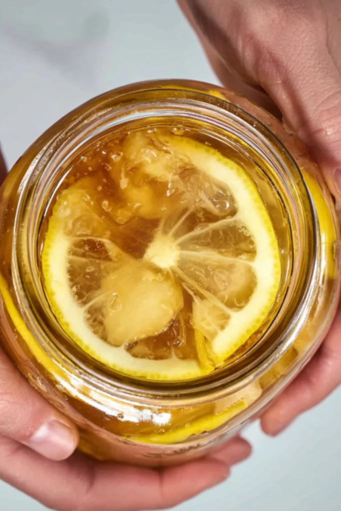 Hands holding jar of golden honey fermented lemon ginger probiotic remedy with visible lemon slices
