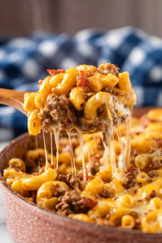 Bacon cheeseburger casserole with dramatic cheese pull on wooden spoon showing melted cheese strings and ground beef pasta