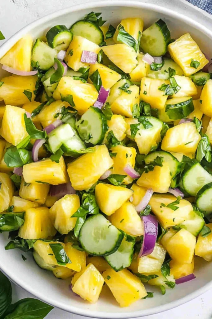 Close-up of fresh pineapple cucumber salad with diced golden pineapple chunks, cucumber slices, red onion, and chopped fresh herbs in white serving bowl
