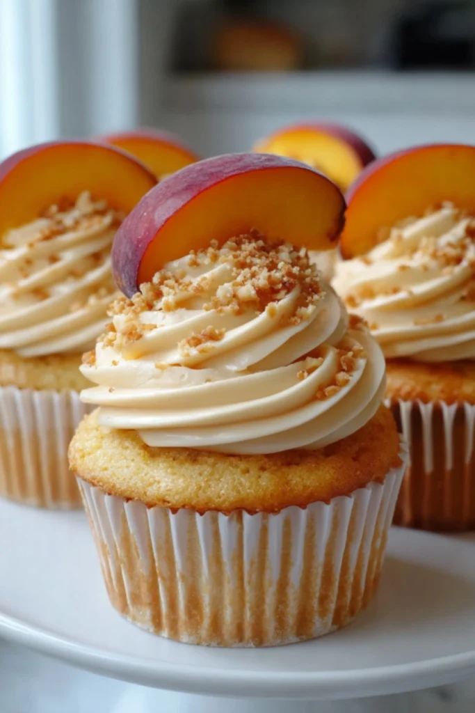 Golden honey peach cupcakes with cream cheese frosting, graham cracker crumbs, and fresh peach slice garnish