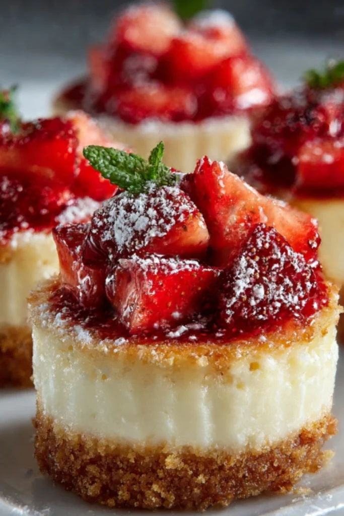 Close-up of mini baked cheesecake with strawberry topping, mint garnish, and powdered sugar on graham cracker crust