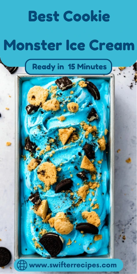 Best Cookie Monster Ice Cream recipe ready in 15 minutes - bright blue no-churn ice cream with Oreo cookies and graham crackers in loaf pan