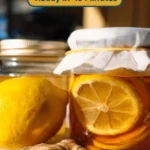 Lemon ginger ferment recipe Pinterest pin with golden honey jar, fresh ingredients, and 10 minute prep time banner
