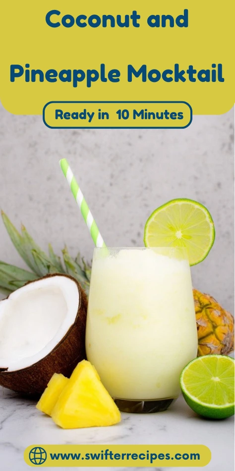 Creamy coconut pineapple mocktail in glass with lime garnish and green striped straw, surrounded by fresh coconut, pineapple chunks, and lime halves on marble background