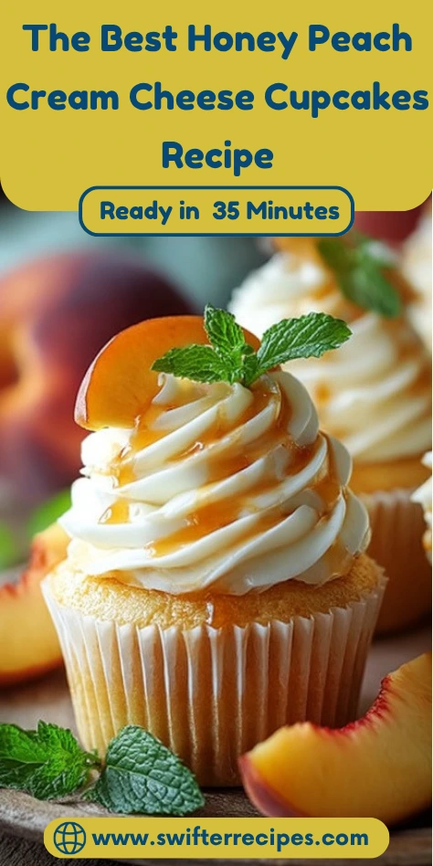 Best honey peach cream cheese cupcakes recipe ready in 35 minutes with swirled frosting, peach slices and mint - Pinterest pin