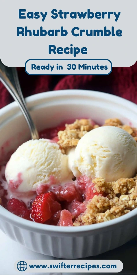 Serving of easy strawberry rhubarb crumble topped with vanilla ice cream in a white bowl, ready in 30 minutes.