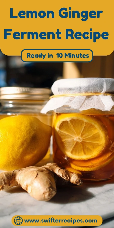 Lemon ginger ferment recipe Pinterest pin with golden honey jar, fresh ingredients, and 10 minute prep time banner