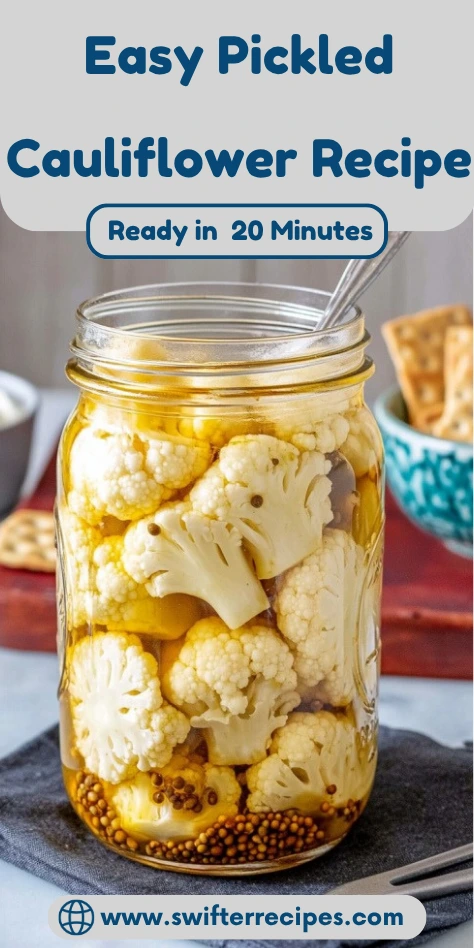 Pinterest-style recipe image showing mason jar of pickled cauliflower with text overlay "Easy Pickled Cauliflower Recipe Ready in 20 Minutes"