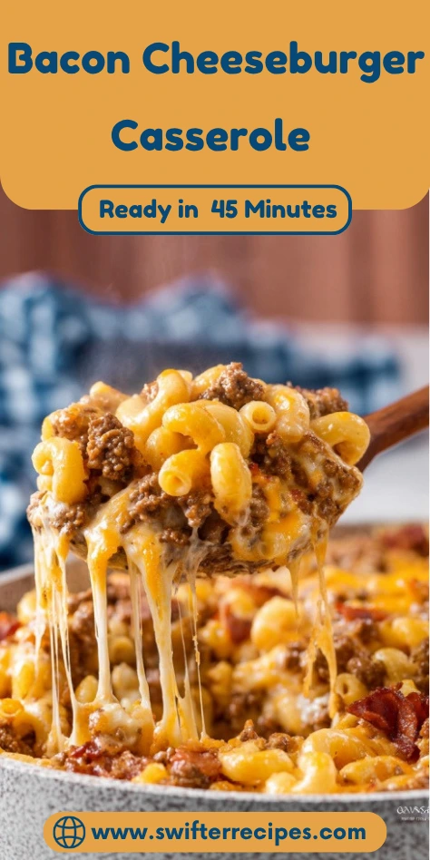 Close-up of bacon cheeseburger casserole with melted cheese stretching from spoon, showing ground beef and pasta in baking dish