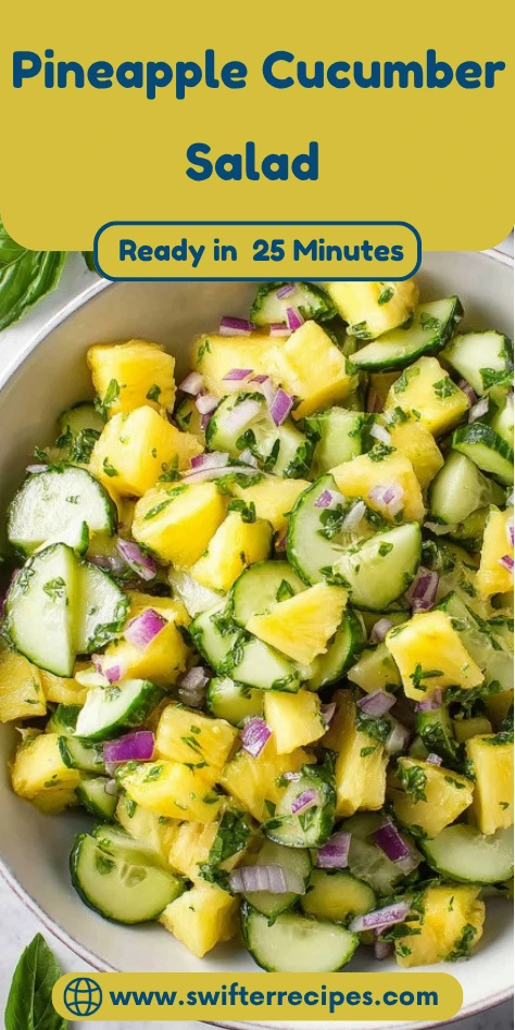 Pineapple cucumber salad recipe pin graphic showing fresh salad with diced pineapple, cucumber, red onion and herbs in white bowl, with yellow header text 'Ready in 25 Minutes