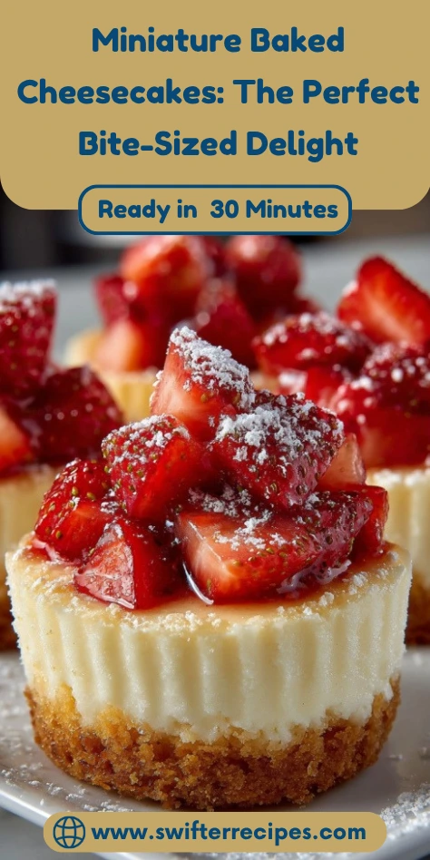 Quick 30-minute miniature baked cheesecakes recipe with strawberry topping and graham cracker crust