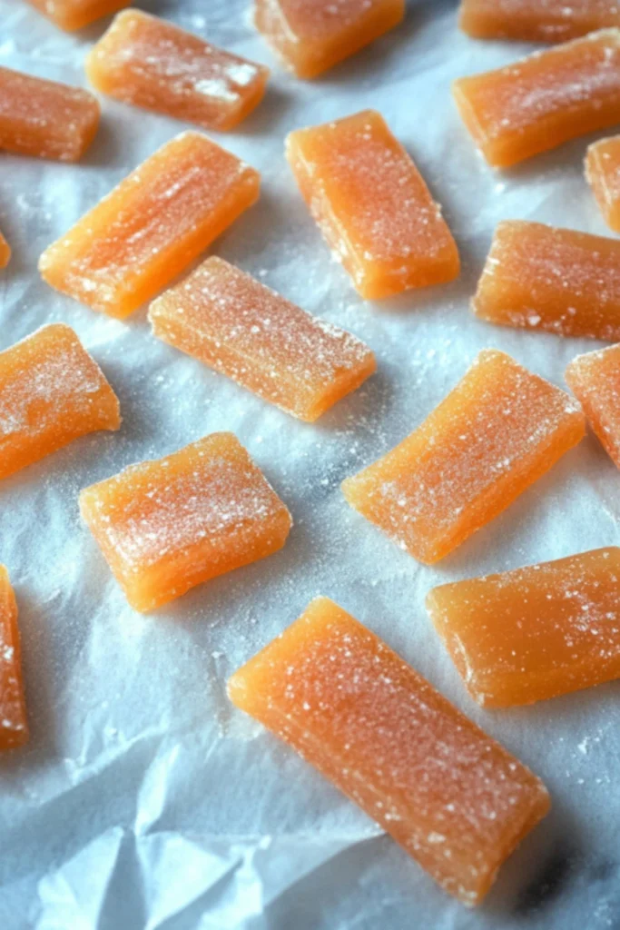 Homemade ginger chews candy rectangles dusted with cornstarch on parchment paper