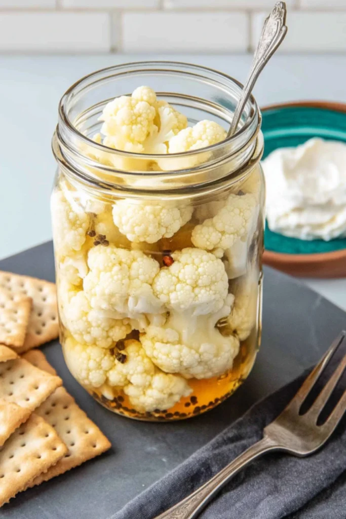 Mason jar of pickled cauliflower florets in spiced brine served with crackers on slate board