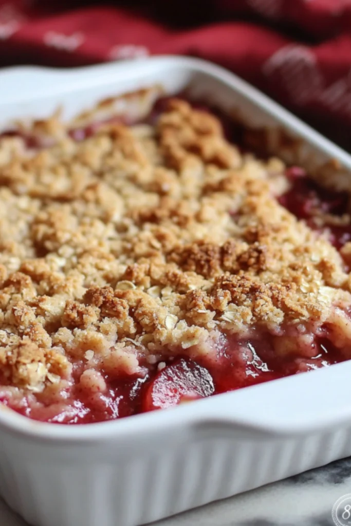Close-up of freshly baked strawberry rhubarb crumble with a golden oat topping.
