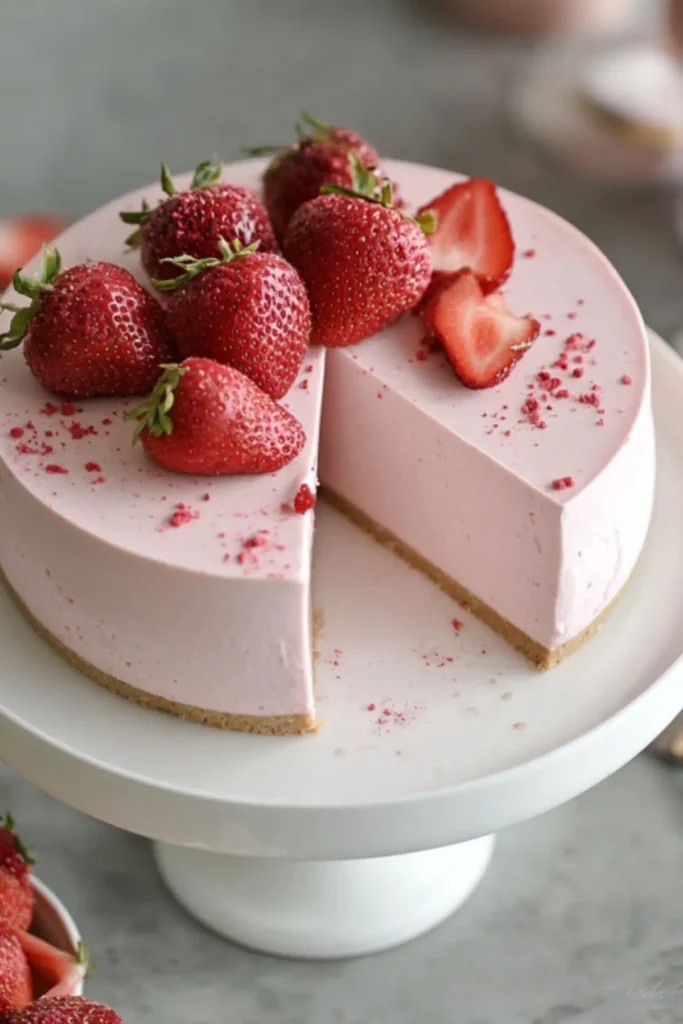 No-Bake Strawberry Mousse Cake with Fresh Strawberries and a Biscuit Crust