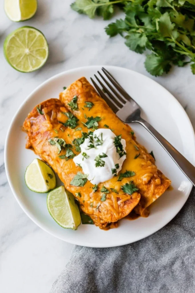 Plated Chicken Enchiladas with Cheese, Cilantro, and Sour Cream