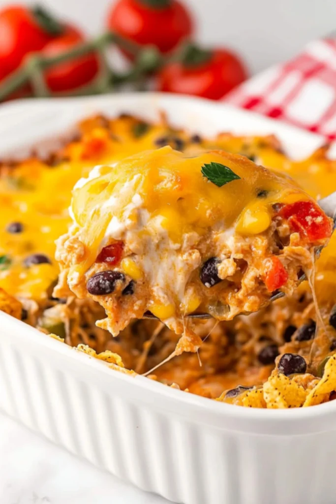 Chicken taco casserole with melted cheese, black beans, corn, and bell peppers in white baking dish