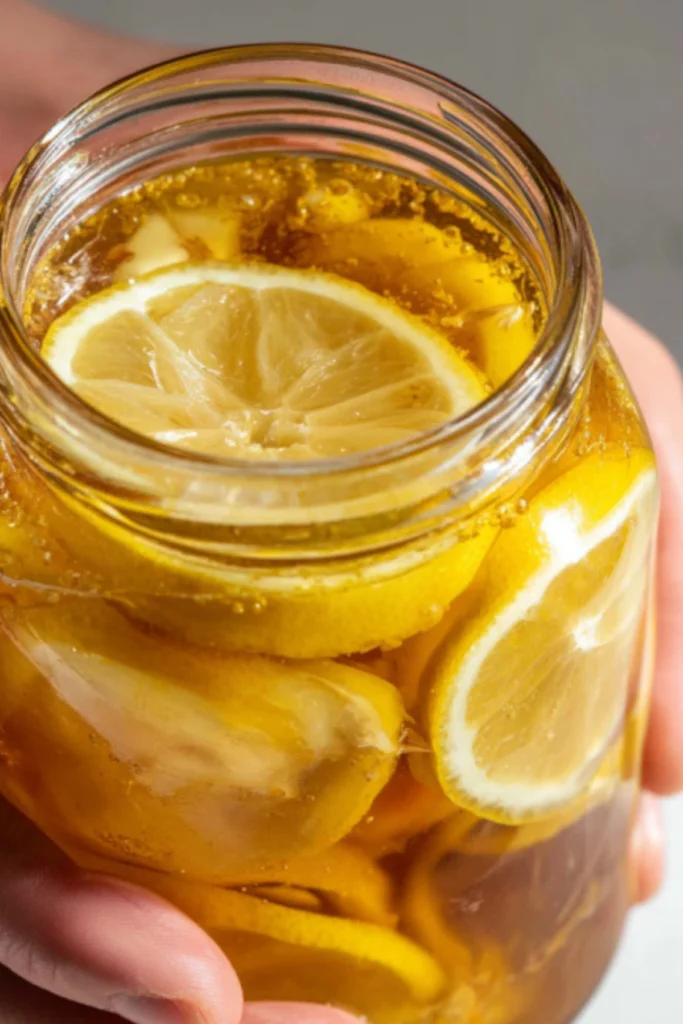 Hands holding jar of actively fermenting lemon ginger honey with visible bubbles and golden preserved citrus slices