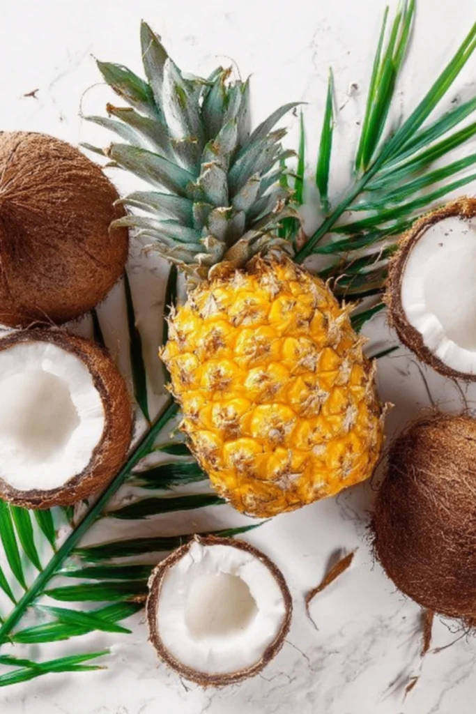 Fresh pineapple and coconut halves arranged on marble surface with palm leaves for tropical coconut pineapple mocktail recipe