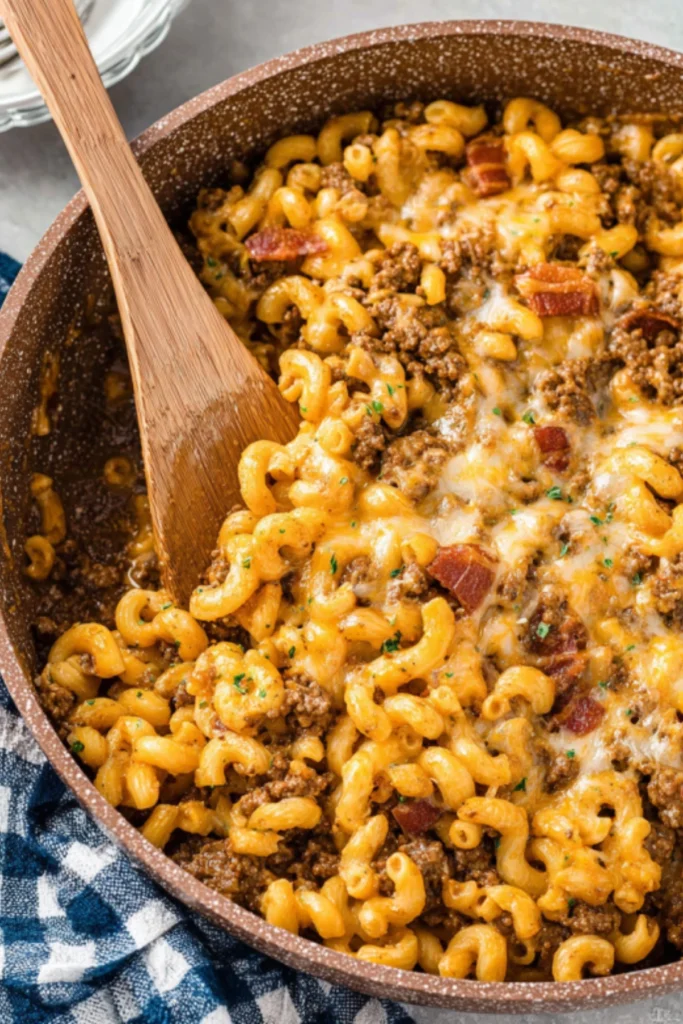 Creamy bacon cheeseburger casserole with ground beef, pasta, melted cheese and bacon bits in a skillet with wooden spoon