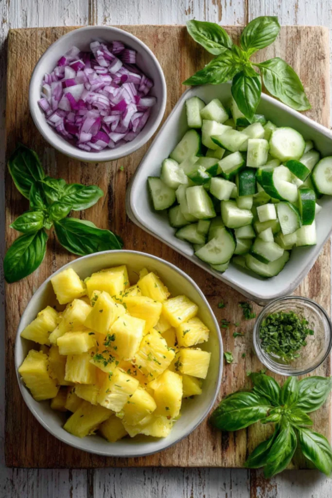 Pineapple cucumber salad ingredients prepped in separate bowls - diced pineapple, chopped cucumber, red onion slices, and fresh herbs on rustic wooden cutting board