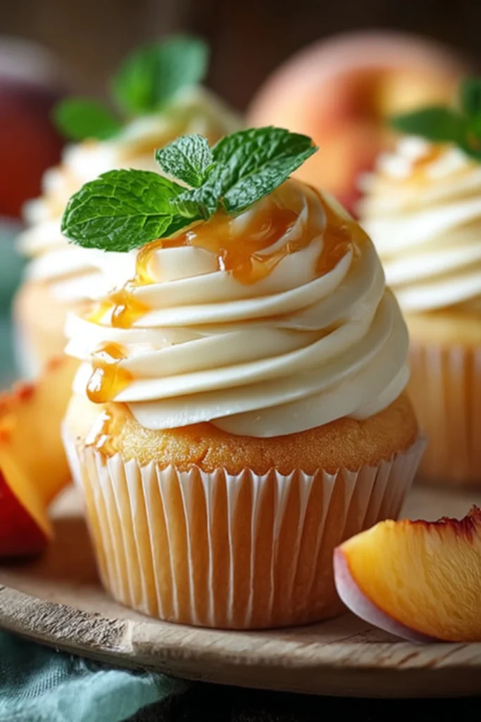 Honey peach cupcake with swirled cream cheese frosting, honey drizzle, and fresh mint garnish on wooden board