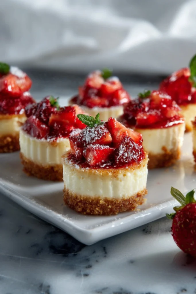 Mini baked cheesecakes with strawberry compote and mint garnish arranged on white marble serving plate