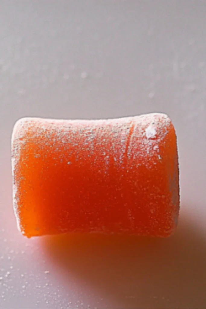 Single homemade ginger chew candy piece dusted with cornstarch showing translucent amber color and chewy texture